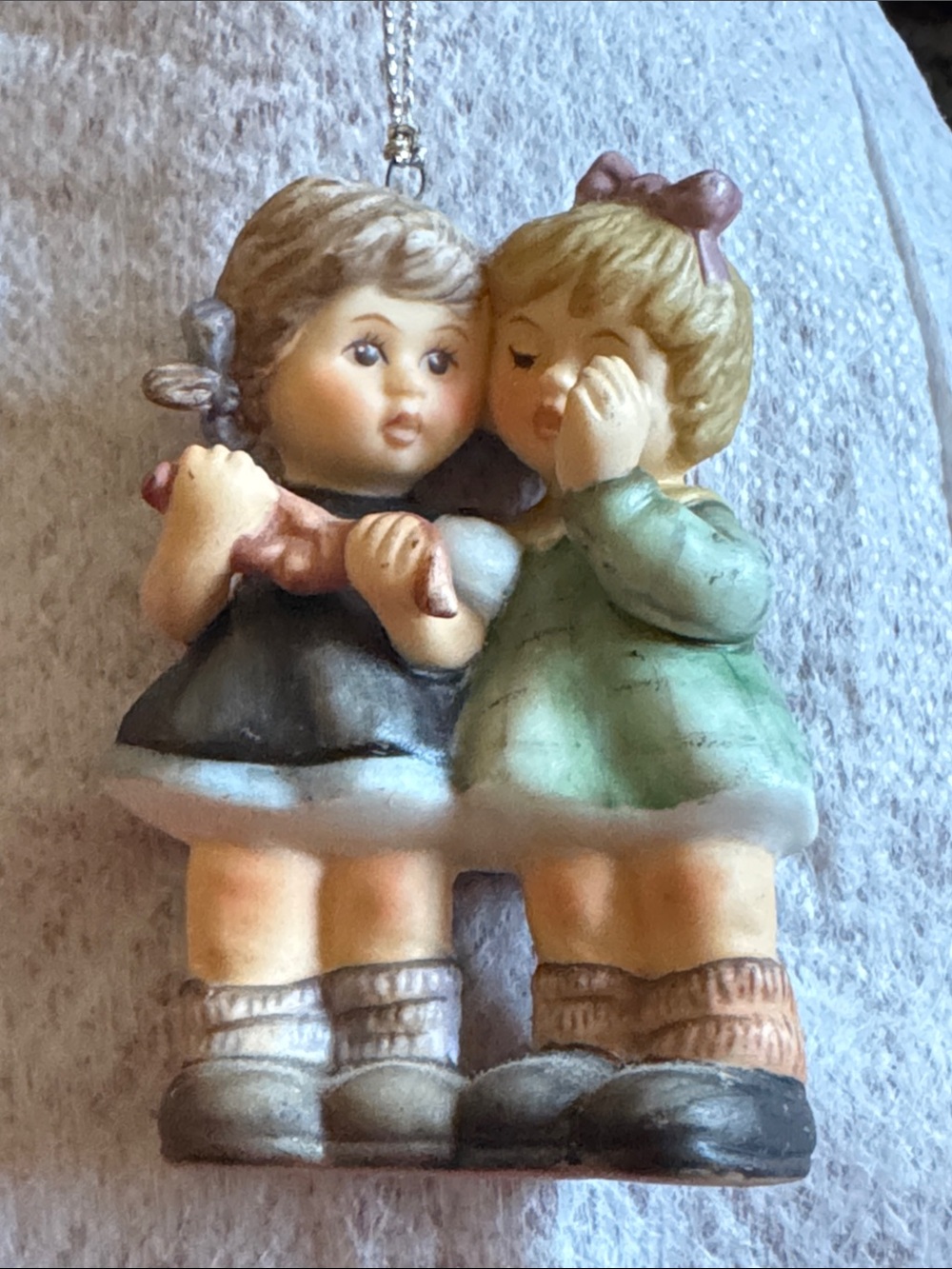 Goebel Porcelain ornament girl telling secrets ornament  Cream, Green, Brown